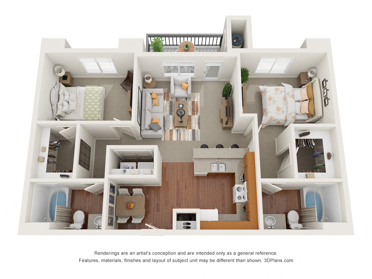 Floor plan for 2 beds, 2 baths